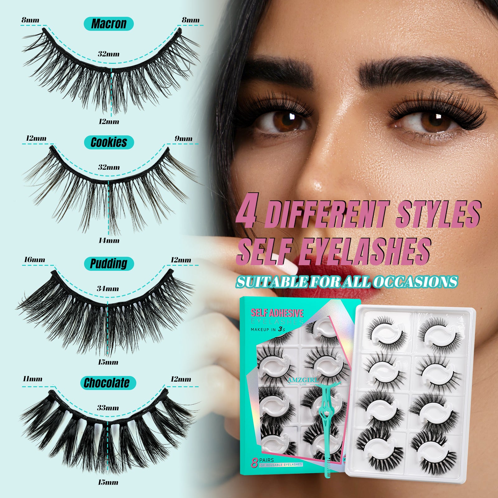 AMZGlRL 8 Pairs 4styles Self Adhesive Eyelashes No Glue Needed